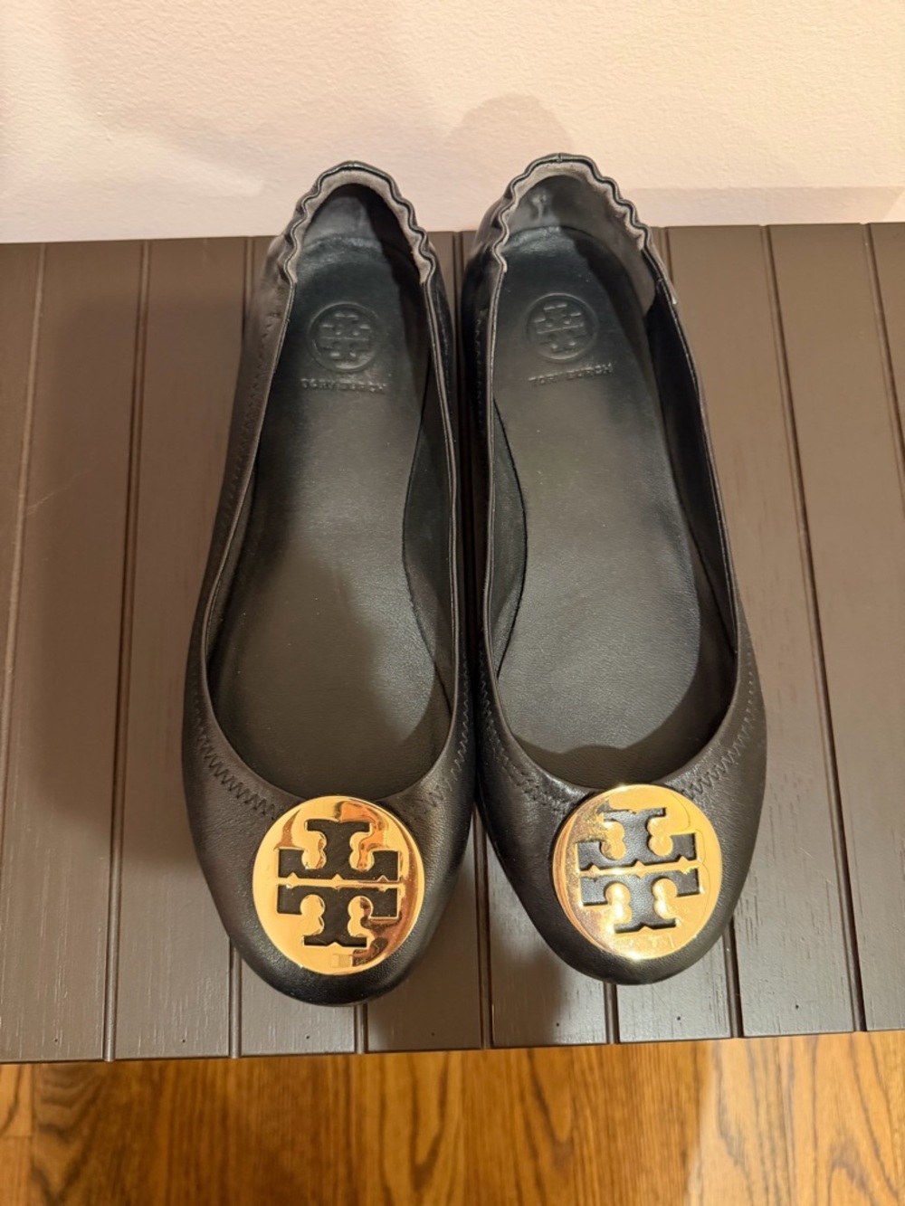 Tory Burch Black Leather Ballet Flats with Gold Logo Medallions